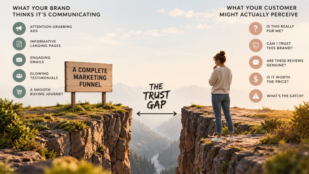 Woman on a cliff observing a trust gap between her and a complete marketing funnel